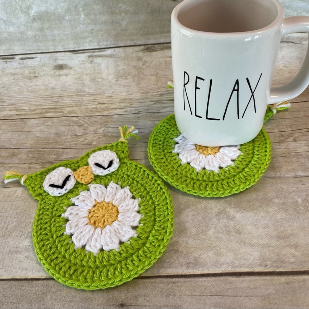 Hot Pad/Trivet & Two Coasters New Handmade Crochet Daisy Owl - Picture 7 of 8
